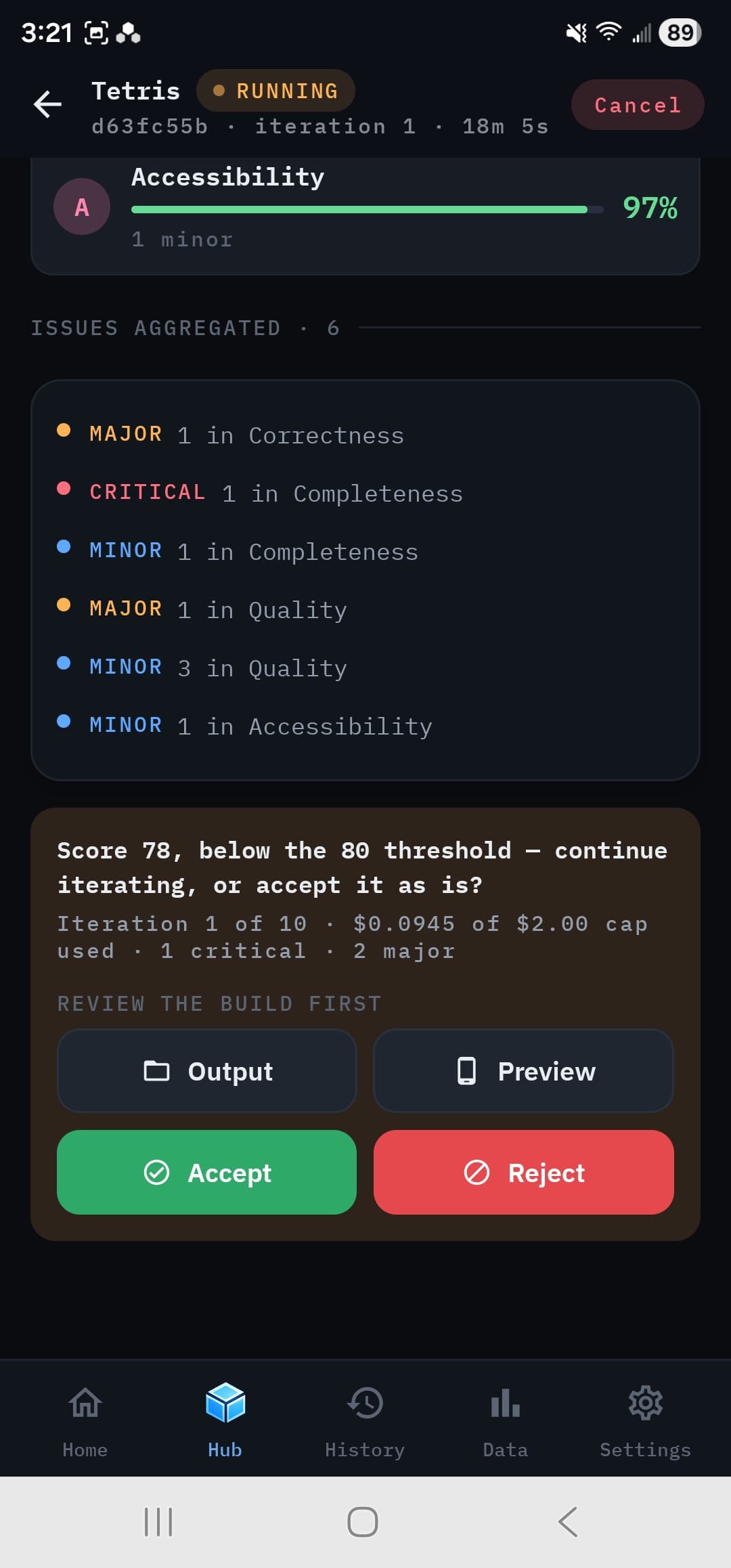 Iteration decision card: score below threshold, accept or reject