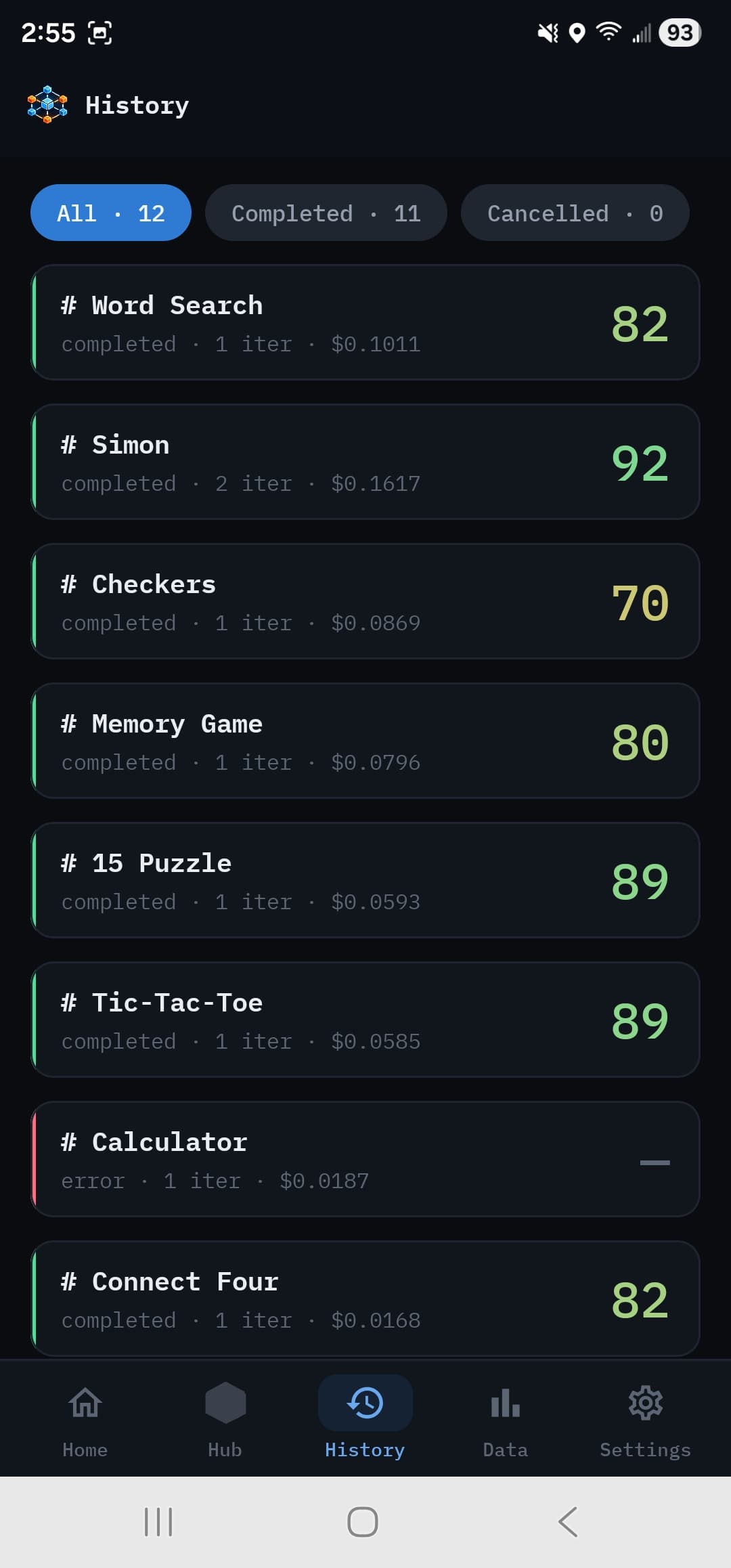 Run history with filter chips