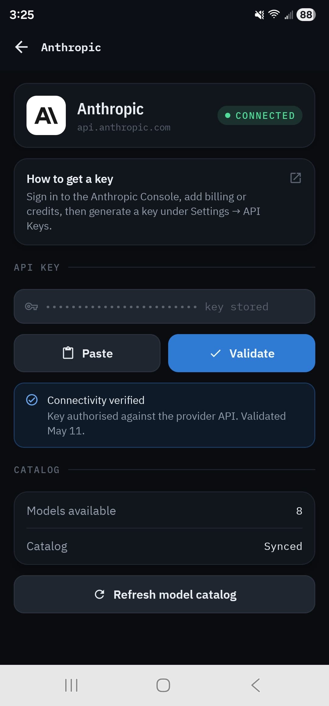 A provider page with a validated key and a synced catalog