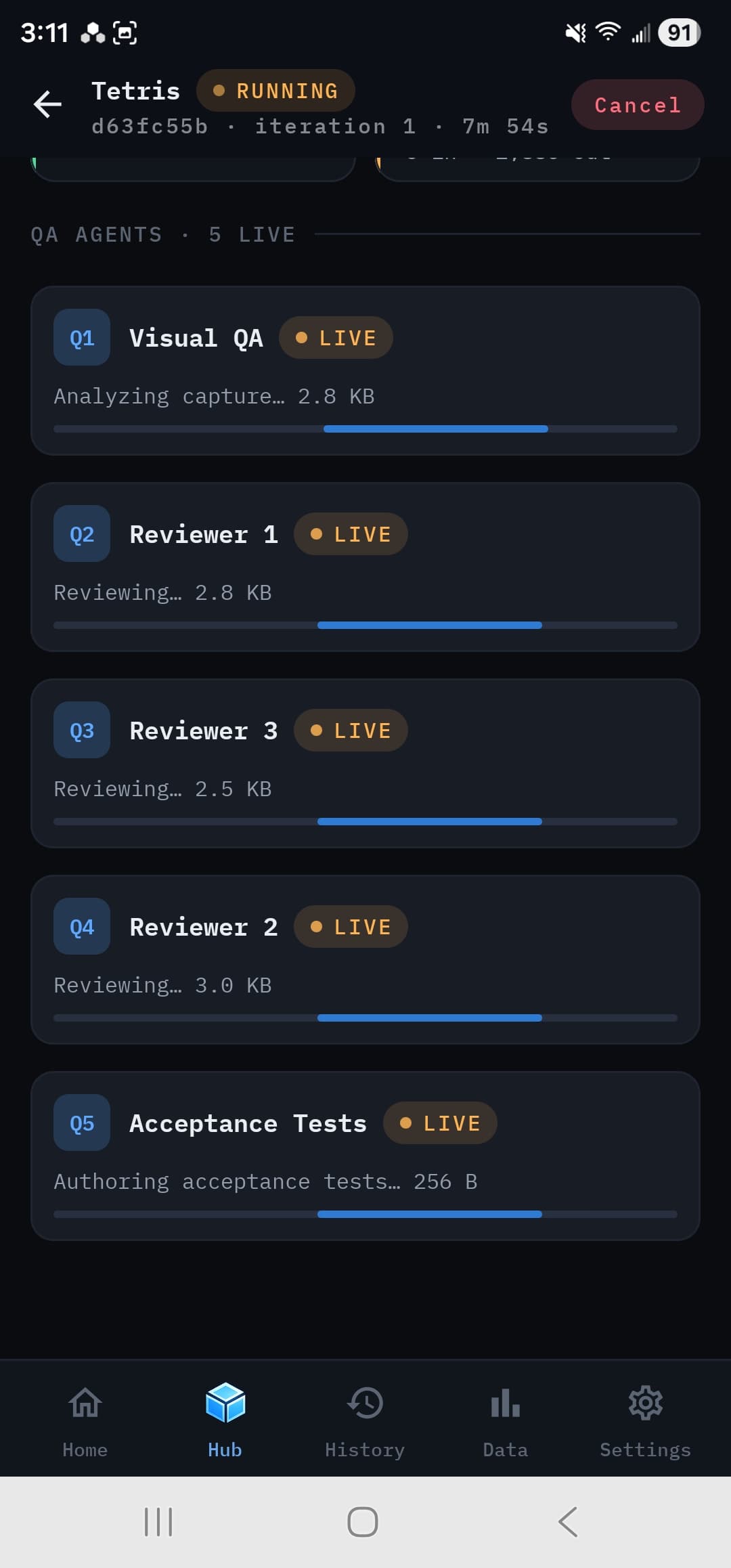 Five QA agents reviewing a run in parallel