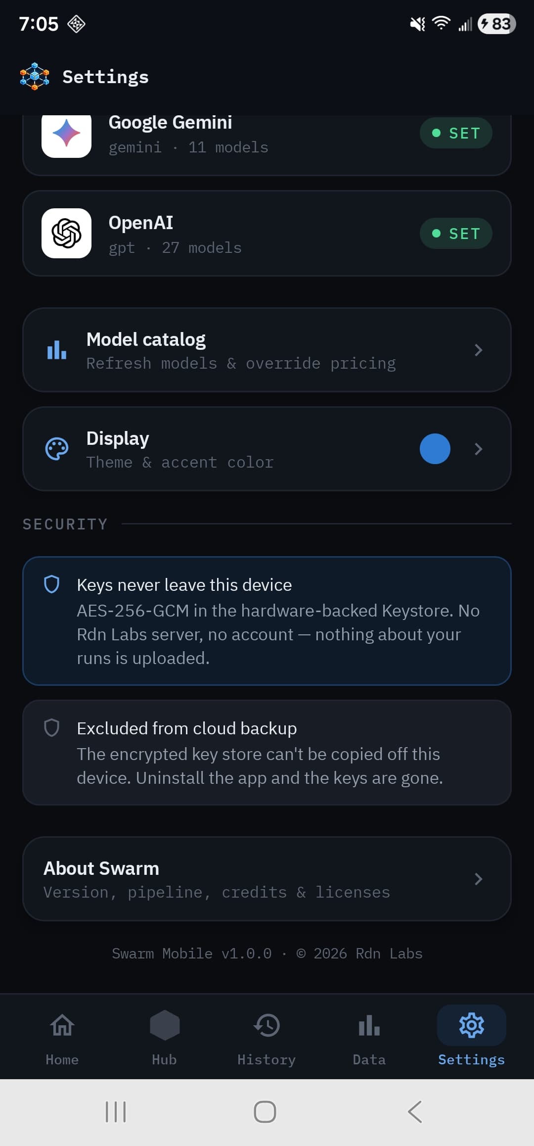 Settings with provider keys and catalog