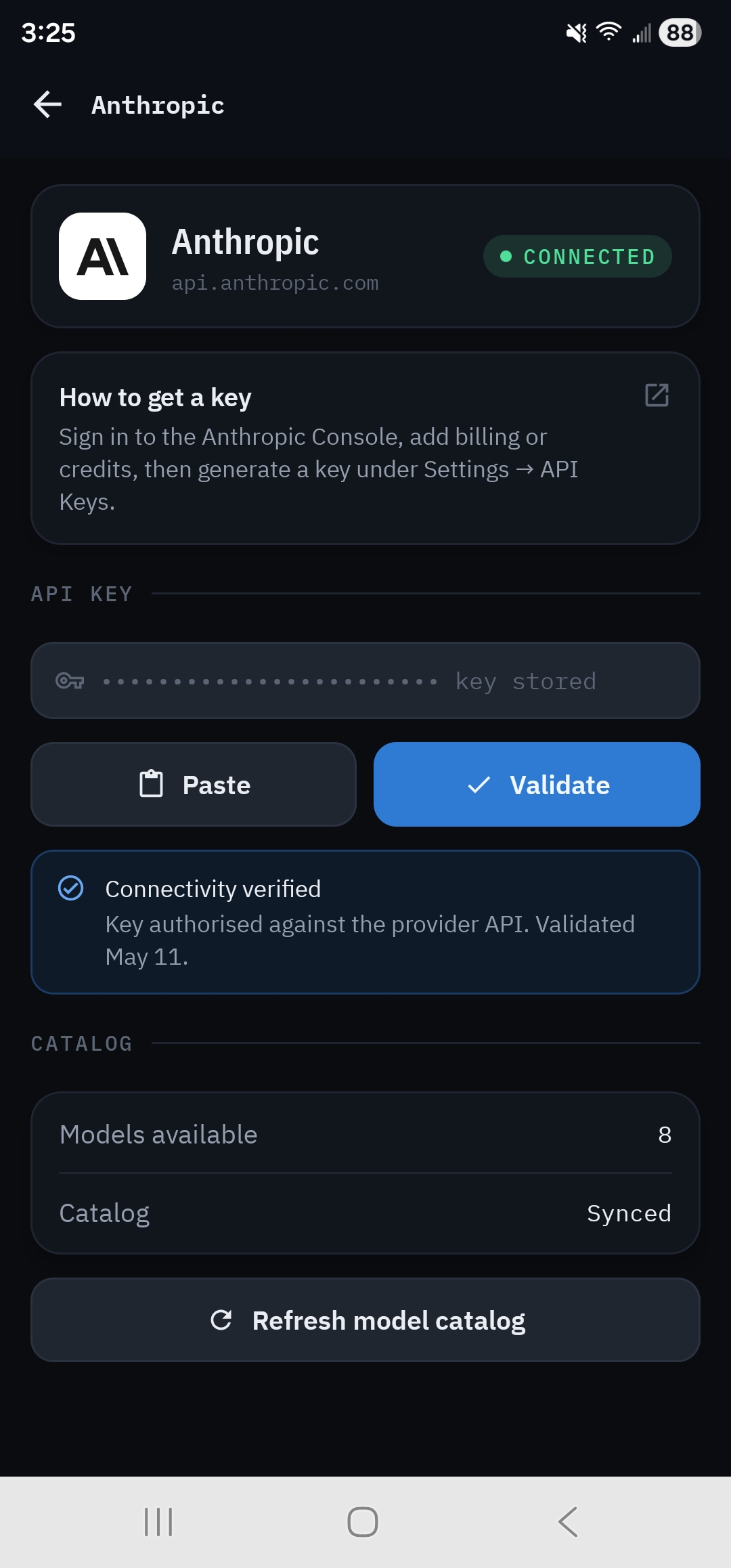 Anthropic provider page with a stored, validated key