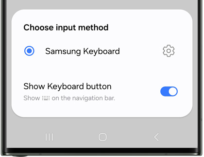 Samsung's Choose input method dialog with the installed keyboards listed