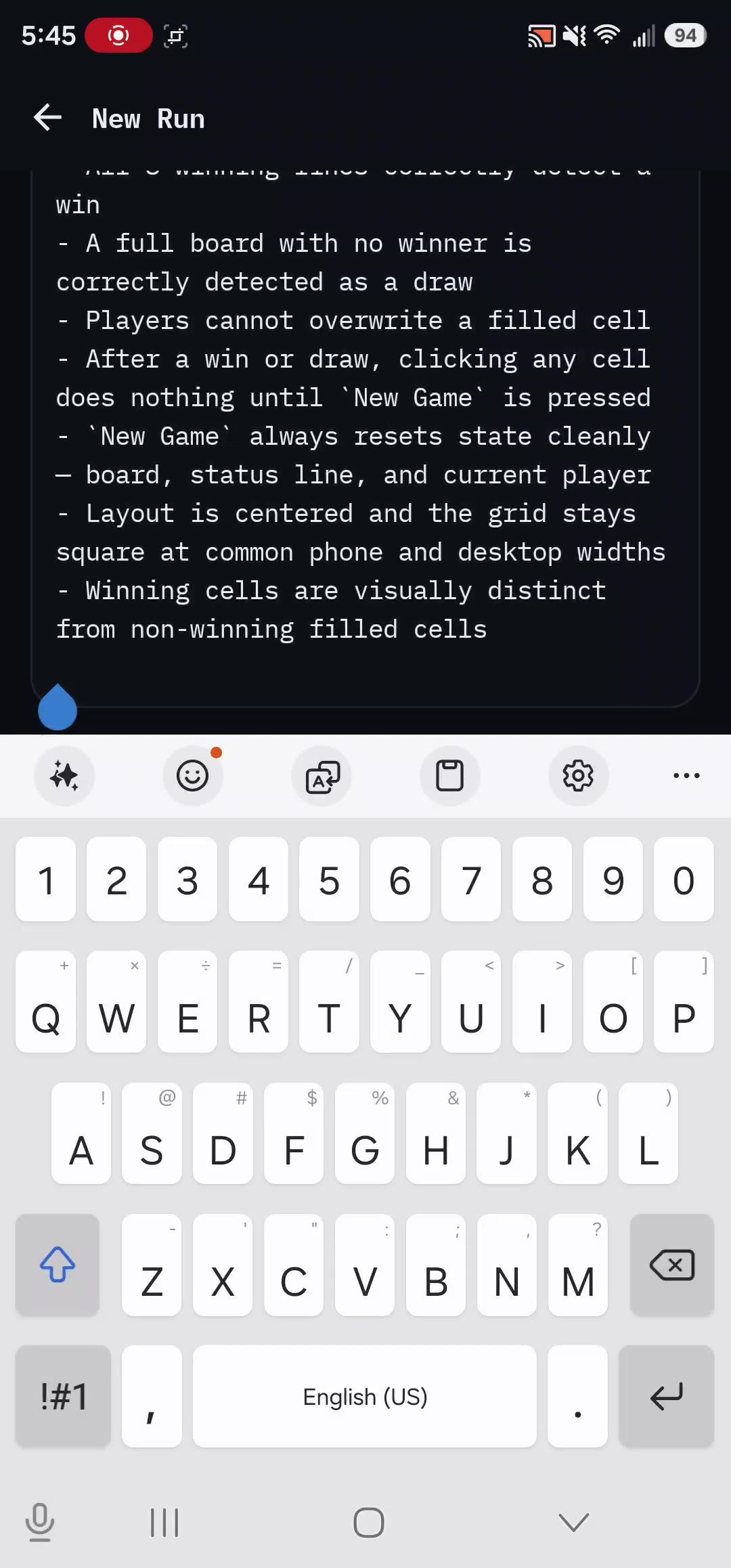 Requirements editor with Samsung Keyboard open; the footer and tab bar are hidden