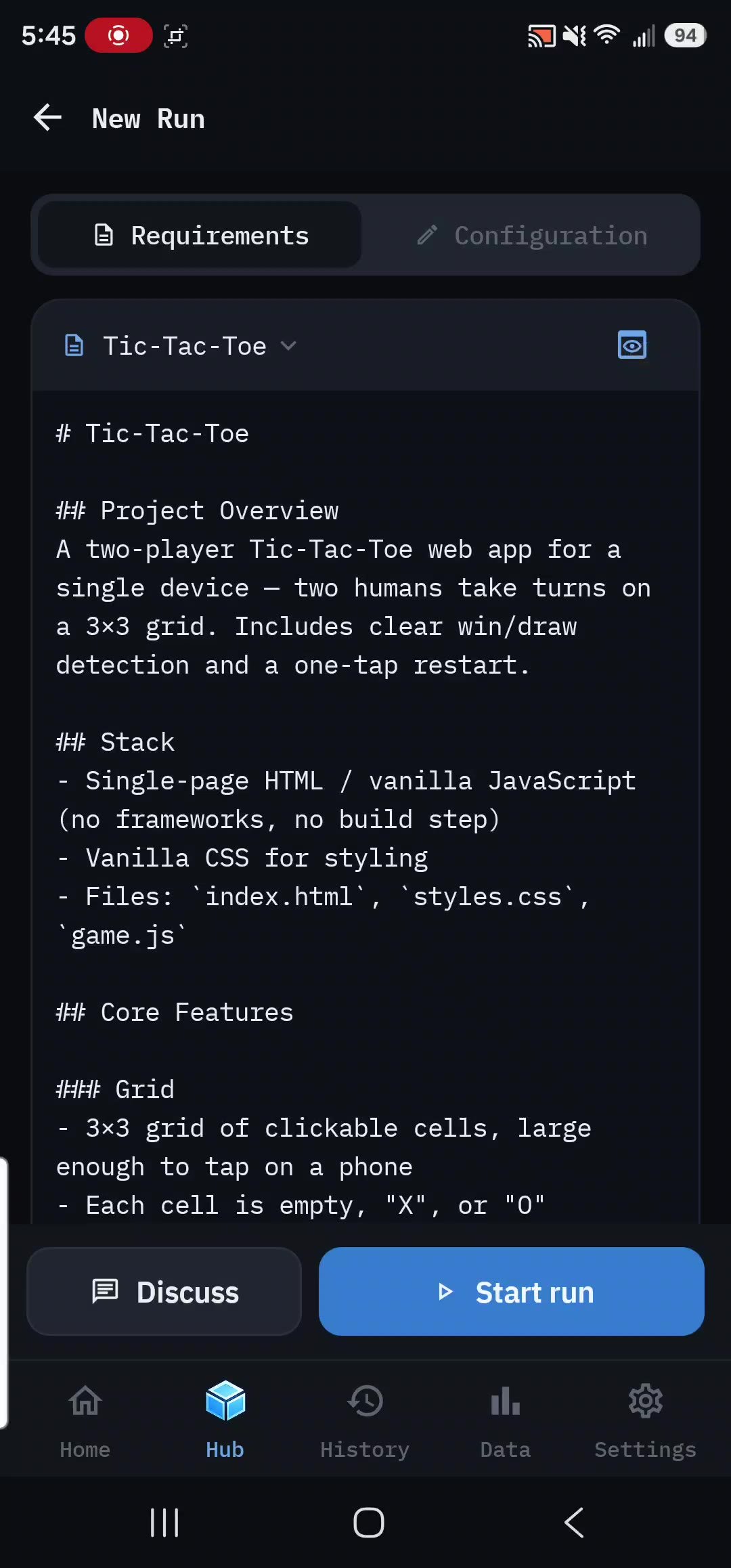 Requirements editor with the keyboard closed, showing Discuss, Start run and the tab bar